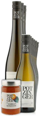 Sechs Flaschen Muskateller Paket (6 Fl.) mit minimalistischen Etiketten plus ein Glas Potzinger Marillen Konfitüre, kostenloser Versand inklusive.