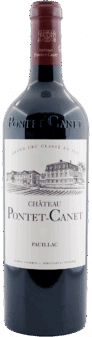 Eine Flasche Château Pontet Canet | 2016 Rouge Rotwein mit einem roten Folienverschluss und einem Etikett mit einer Schlosszeichnung und dem Text "Grand Cru Classé en 1855, Château Pontet Canet, Pauillac".