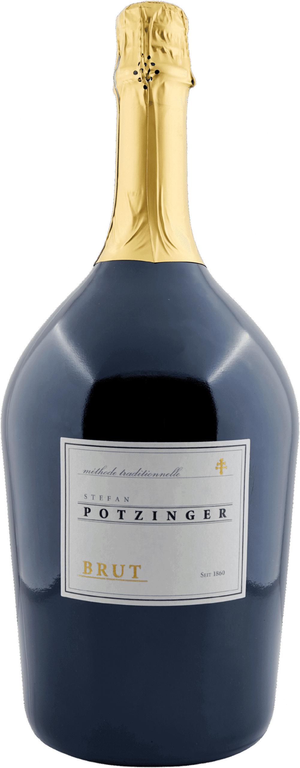 Eine große Magnumflasche aus dunklem Glas mit einem Volumen von 1,5 Litern des Sekt Brut BLANC Methode Traditionnelle "Hommage 1860", verziert mit Goldfolie und einem weißen Etikett mit schwarzem und goldenem Text.