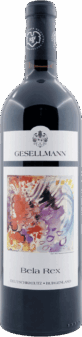 Eine Flasche Gesellmann | 2019 Bela Rex mit einem farbenfrohen, abstrakten Etikett mit "Deutschkreutz - Burgenland" und einem schwarzen Folienverschluss.