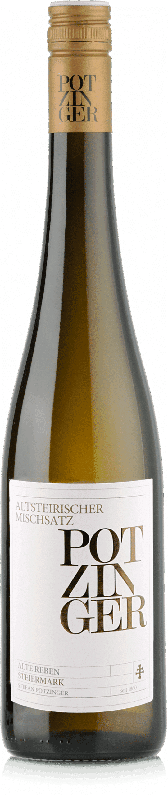 Eine durchsichtige Weinflasche mit goldenem Schraubverschluss und der Aufschrift "Potzinger" trägt ein weißes Etikett mit fettgedruckter Metallschrift und Angaben in deutscher Sprache, darunter "2023 Altsteirischer Mischsatz Alte Reben Steiermark".
