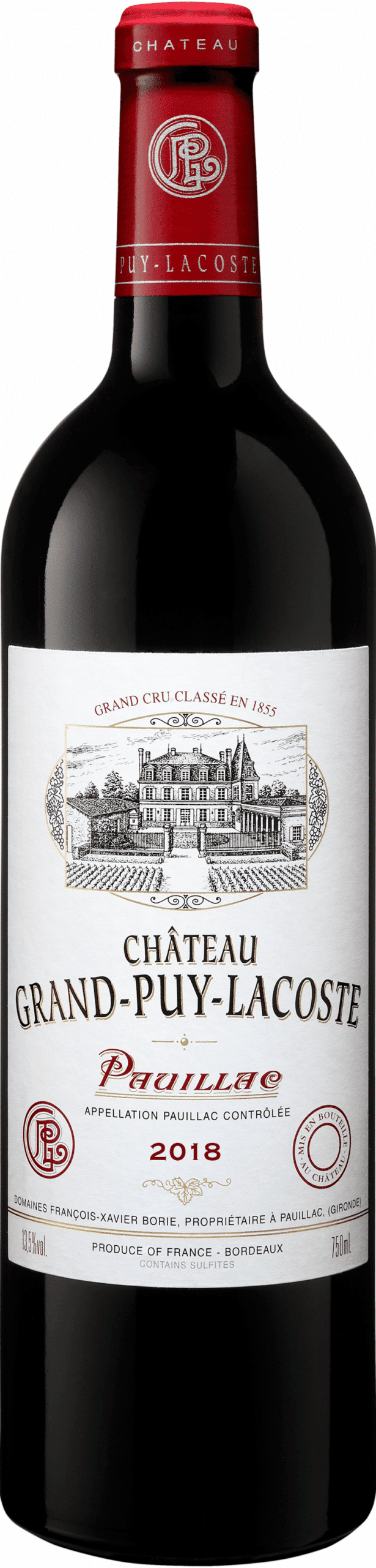 Eine Flasche Château Grand Puy Lacoste | 2018 Pauillac Rotwein, mit einer Château-Illustration auf dem Etikett mit goldenen und roten Akzenten und einem Text, der Grand Cru Classé und Pauillac angibt.