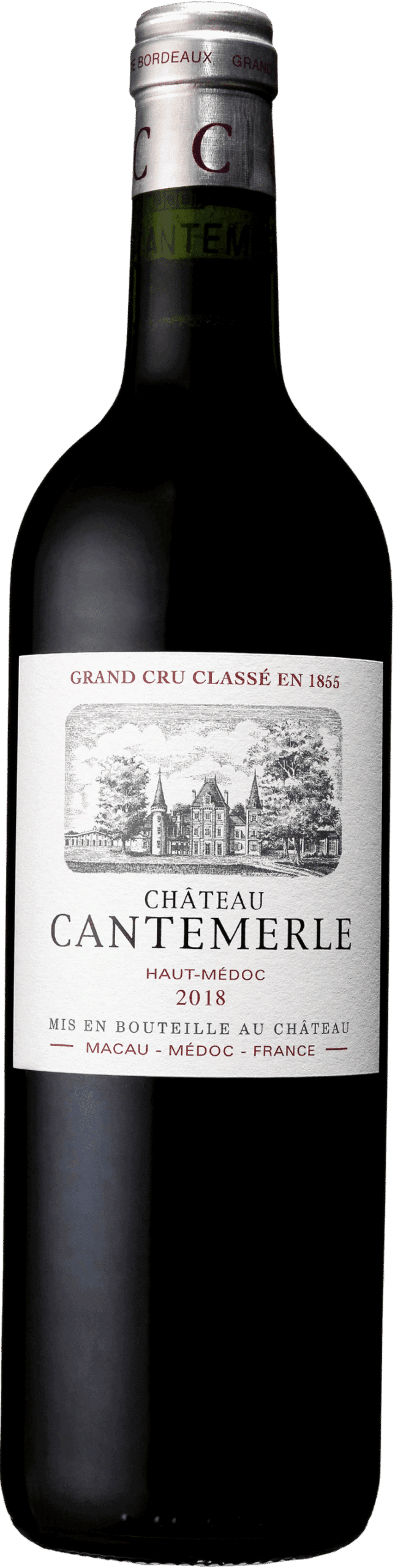 Eine Flasche Chateau Cantemerle | 2018 Haut-Medoc Cru Classe Rotwein, etikettiert mit einer Chateau-Illustration und einem Text, der auf den Bordeaux Grand Cru Classé Status hinweist.