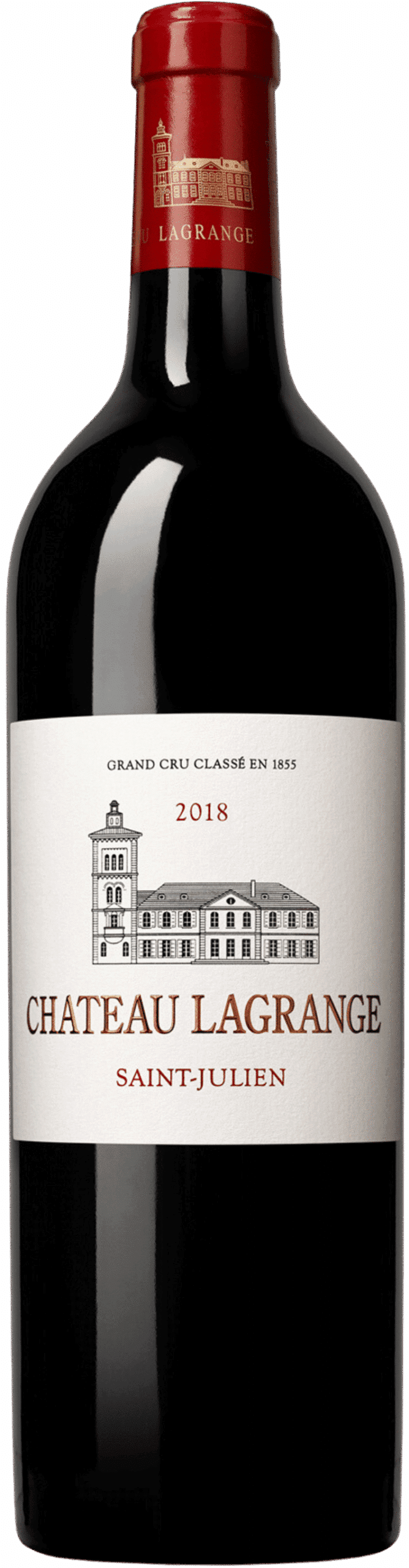 Eine Flasche Château Lagrange | 2018 Grand Cru Classé mit einem weißen Etikett mit einer Abbildung des Schlosses, rotem und schwarzem Text und einer roten Kapsel.