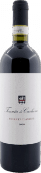 Eine Flasche des Rotweins Tenuta die Carleone | 2020 Chianti Classico mit einem weißen Etikett mit schwarzem und rotem Text und einem kleinen Wappen in der Mitte.