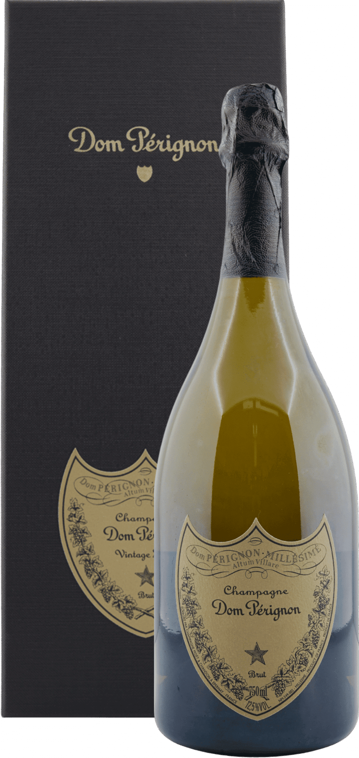 Eine Flasche 2013 Dom Perignon Brut Blanc Vintage (Coffret Edition) Champagne, Frankreich, steht vor der passenden schwarzen Schachtel, beide mit goldfarbenen Etiketten und dem ikonischen Markennamen verziert.