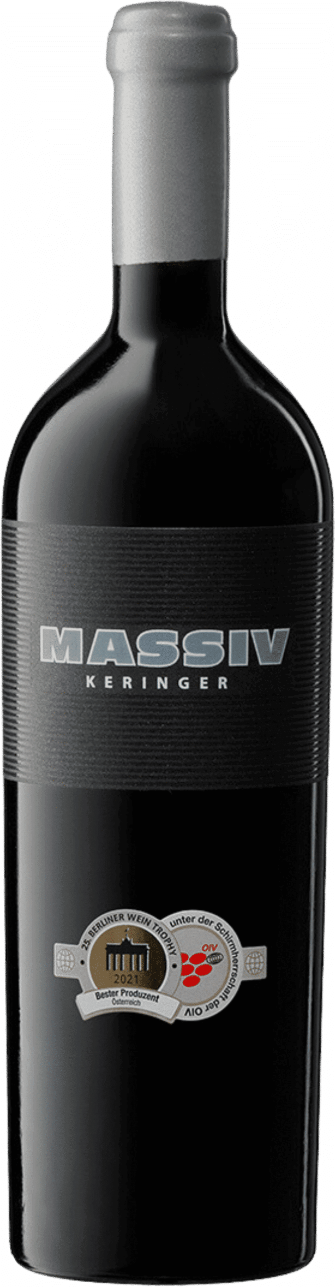 Eine Flasche Keringer | MASSIV® Red 2020 mit silbernem Foliendach, Medaillenaufkleber und einem modernen schwarzen Etikett mit fetter silberner Schrift.