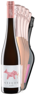 Eine Reihe von sechs Flaschen des Rosé Selection Pakets: ein Strehn Sushi-Wein mit einem rosa Origami-Garnelen-Etikett auf der Vorderseite und fünf prickelnde Rosés mit rosa Folienaufsätzen auf der Rückseite. Sie erhalten 6 Flaschen mit kostenlosem Versand.*.
