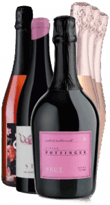 Sechs Flaschen Rosé-Schaumwein mit rosa und schwarzen Etiketten mit der Aufschrift "Rosé Selection Paket | 6 Fl. | GRATIS VERSAND*", sind vor einem transparenten Hintergrund gruppiert.