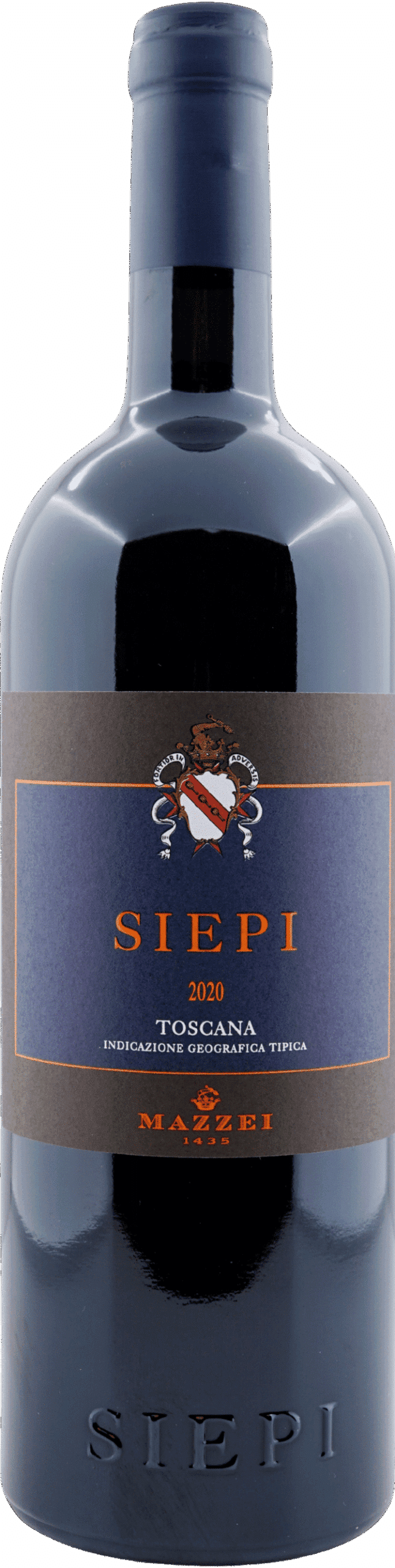 Eine Flasche des Rotweins Mazzei | Siepi Toskana 2020 mit dunkelblauem Etikett mit Familienwappen, orangefarbener und weißer Schrift, "Mazzei" am Boden und "Siepi" am Flaschenboden.
