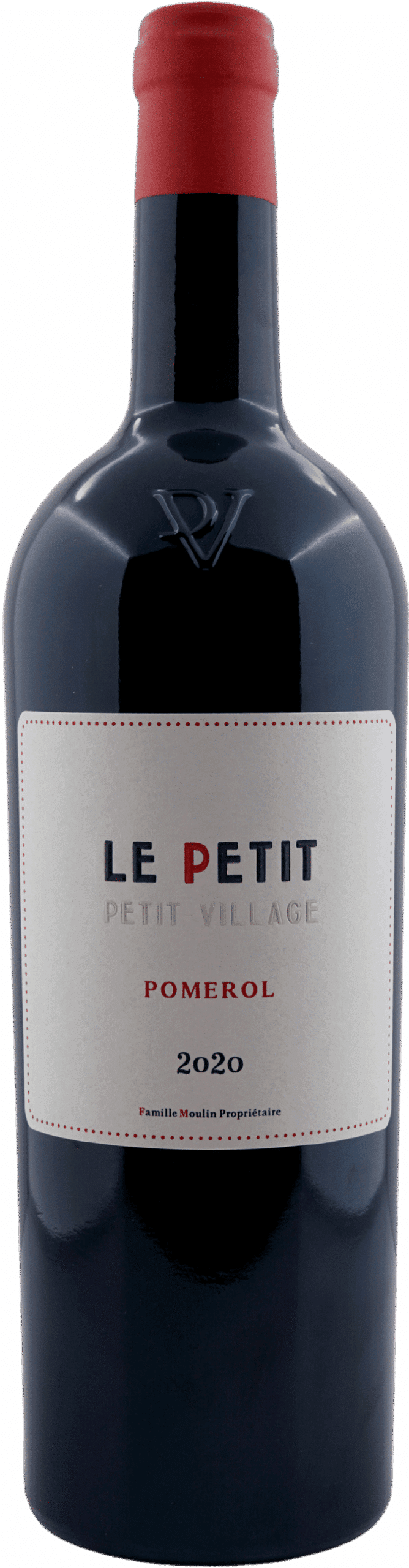 Eine Flasche Famille Moulin 2020 Le Petit Petit-Village Pomerol Rouge mit einer roten Folienkapsel und einem cremefarbenen Etikett mit schwarzer und roter Schrift.