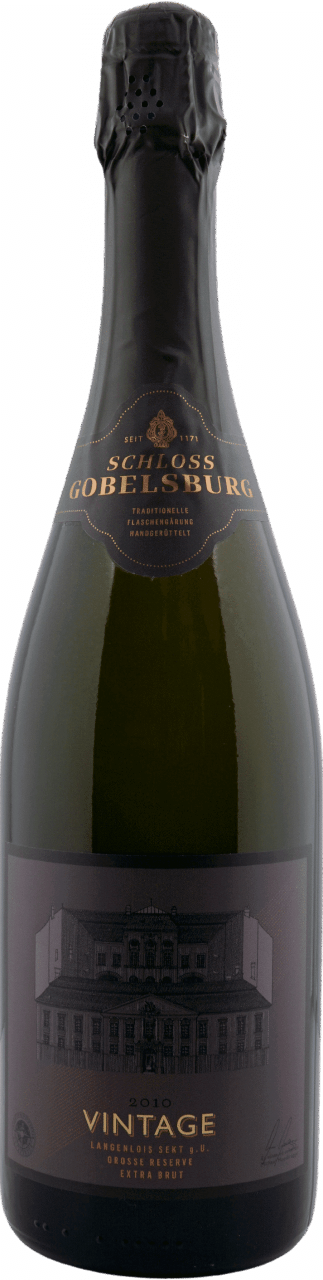 Eine Flasche Schloss GOBELSBURG | 2010 Vintage Extra Brut Sekt mit dunkler Folie, goldenem und schwarzem Etikett mit der Illustration eines Gebäudes und dem Wort "Vintage" in elegantem, klassischem Design.