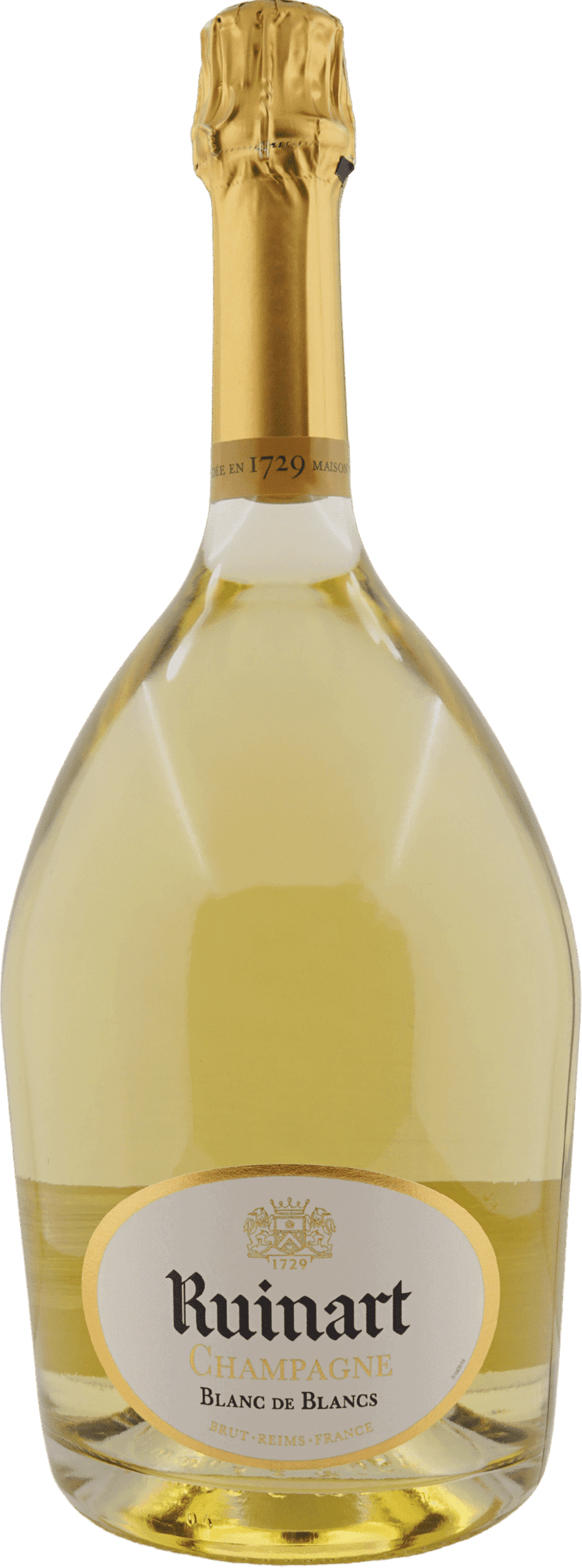 Eine 1,5-Liter-Magnum von Ruinart | Blanc de Blancs mit einem mit Goldfolie umwickelten Hals, einem weiß-goldenen Etikett und gefüllt mit blassgelbem Schaumwein.