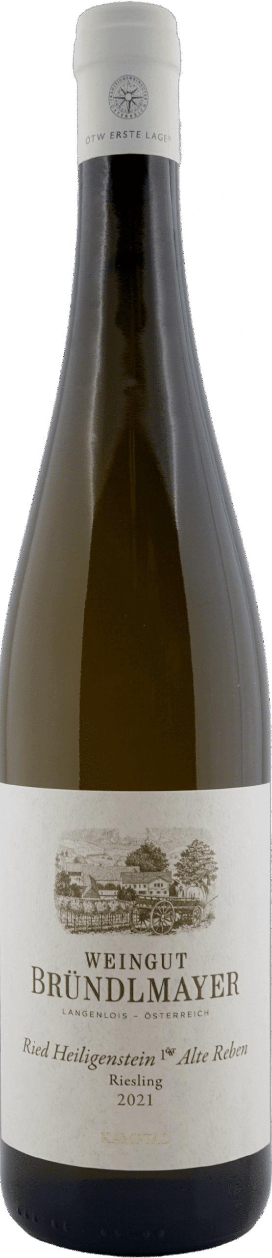 Eine Flasche Bründlmayer | 2021 Riesling Ried Heiligenstein Alte Reben mit einem weißen Etikett mit Weinbergsabbildung und goldgeprägtem Text.
