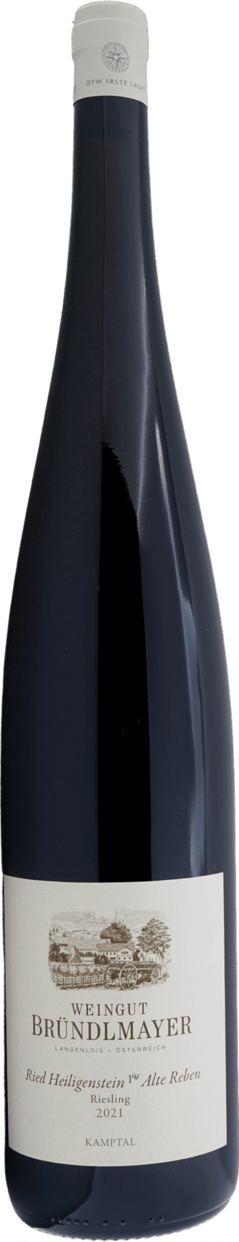 Eine hohe, dunkle Glasmagnum des Bründlmayer 2021 Riesling Ried Heiligenstein Alte Reben (1,5 l) mit weißem Etikett mit schwarzer Weinbergsillustration und weißem Verschluss.