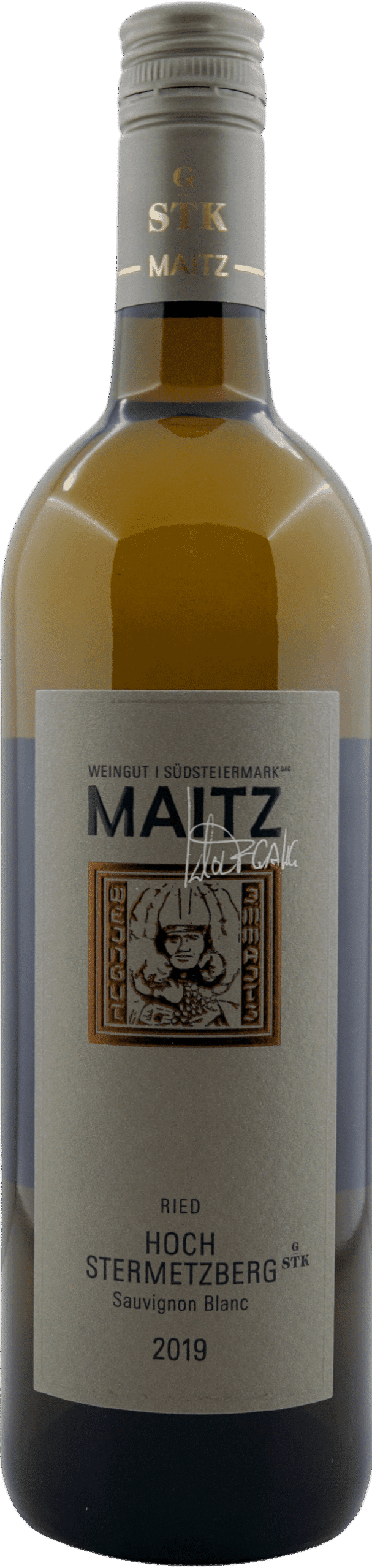 Eine Flasche Maitz | 2019 Sauvignon Blanc Ried Hochstermetzberg aus der Südsteiermark, Österreich, mit einem beigen Etikett mit Weinbergslogo und Unterschrift.