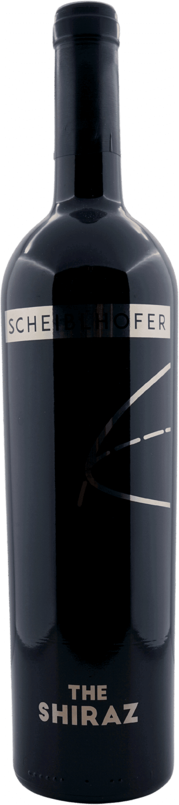 Eine Flasche Scheiblhofer | The Shiraz 2020 aus dunklem Glas mit einem minimalistischen Etikett mit diagonalen Linien und weißer Schrift.