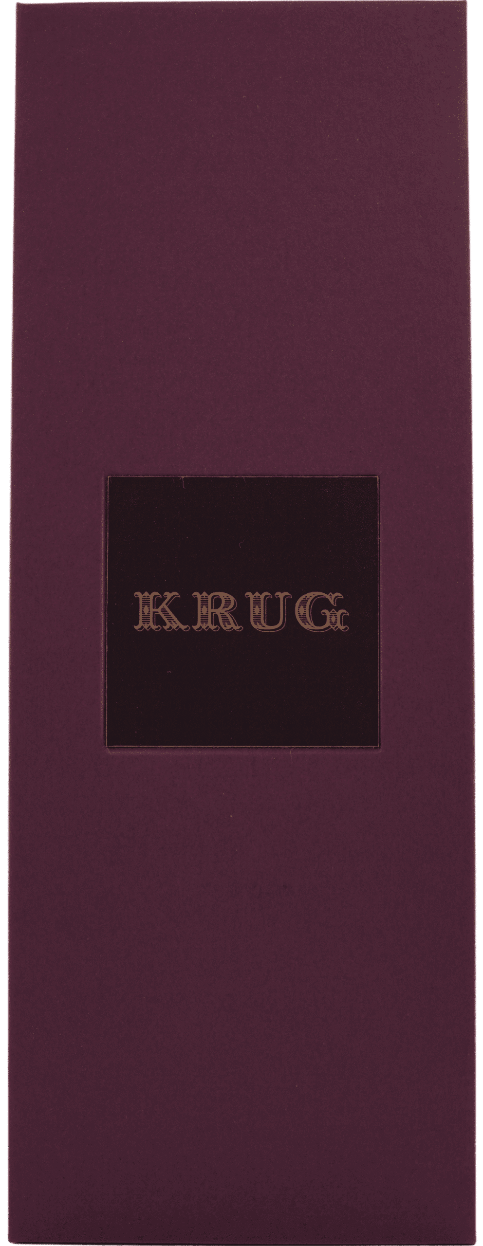 Eine rechteckige, kastanienbraune Schachtel mit einem schwarzen Etikett in der Mitte, auf dem in goldenen Großbuchstaben "KRUG" steht, enthält den Krug Vintage Brut Coffret Edition Champagner 2008 aus Frankreich.