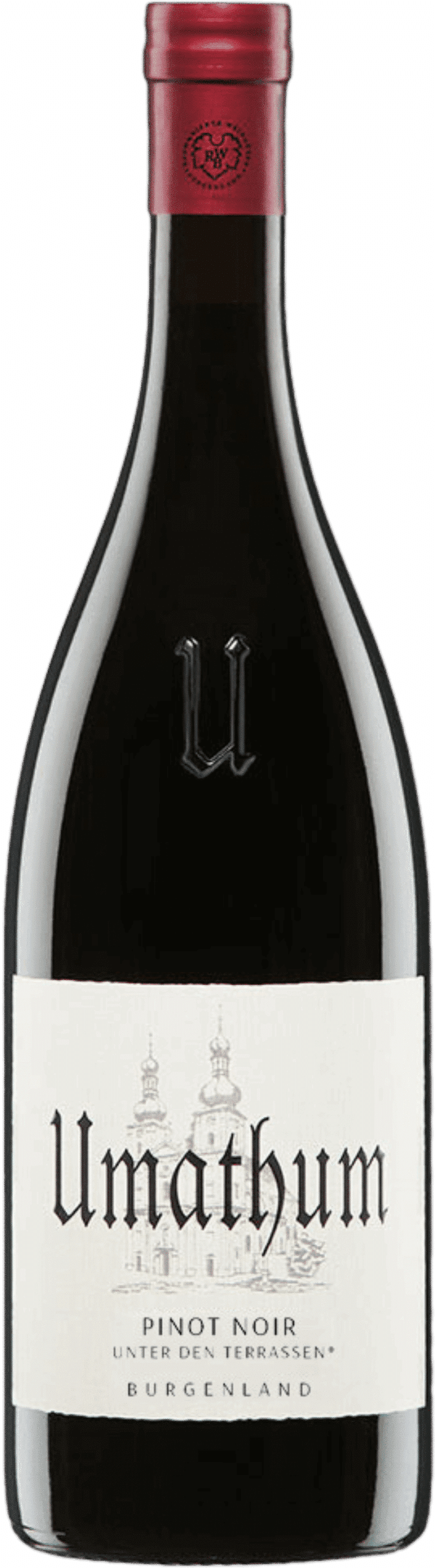Eine Flasche Umathum | Pinot Noir Unter den Terrassen 2017 aus dem Burgenland mit weißem Etikett mit illustrierten Gebäuden, fettgedruckter schwarzer Schrift und rotem Foliensiegel auf der Oberseite.