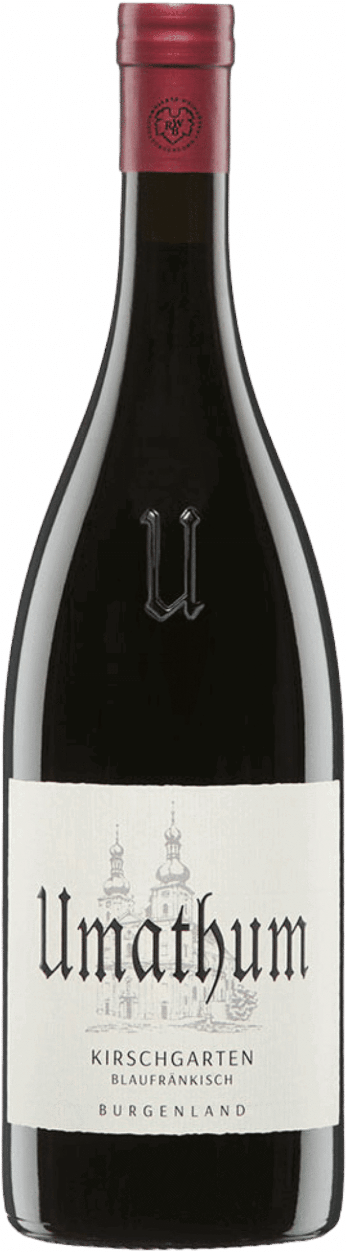 Eine Flasche Umathum | Blaufränkisch Kirschgarten 2018 aus dem Burgenland mit einem weißen Etikett mit einer Illustration von Gebäuden und schwarzem Text.