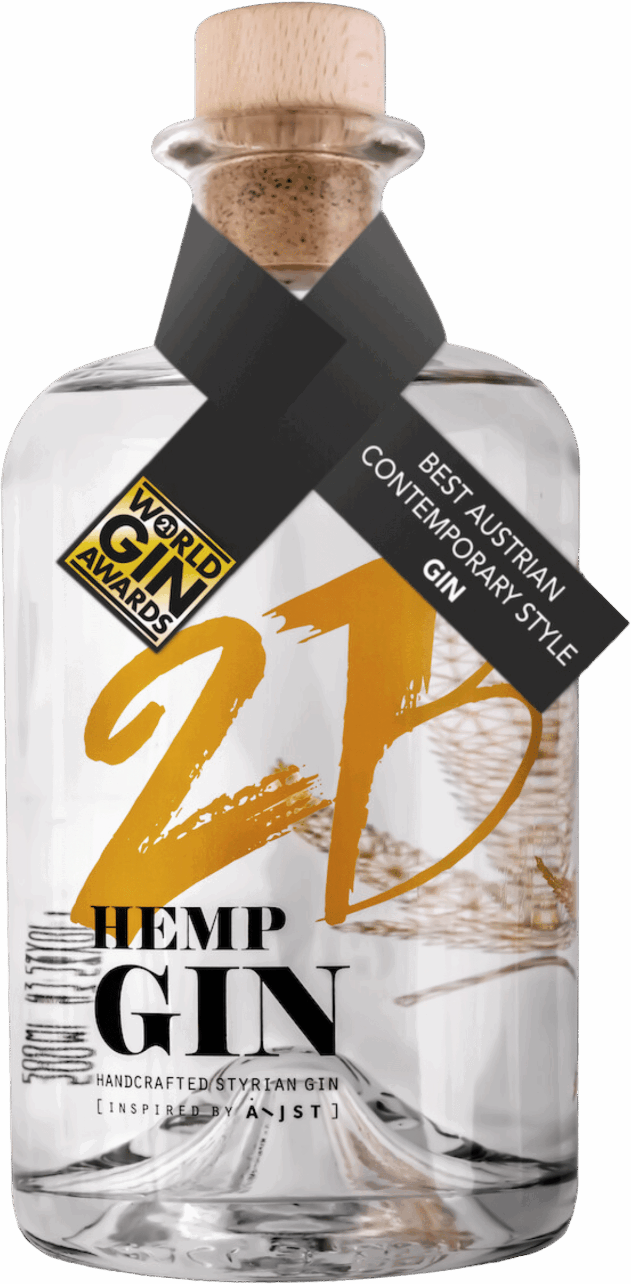 Eine klare 0,5-Liter-Glasflasche von 2B Drinks | Hemp Gin - handgefertigter steirischer Gin, inspiriert von AEIJST, mit Korkverschluss, goldenem und schwarzem Etikett, schwarzer Schleife mit der Aufschrift "Best Austrian Contemporary Style Gin" und sichtbaren getrockneten Hanfblättern im Inneren.