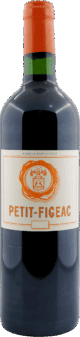 Eine Flasche Château-Figeac | 2020 Petit-Figeac Rouge mit orangefarbenem und weißem Etikett mit einem Wappen, "Famille Manoncourt" an der Spitze, und einer roten Folienkapsel.