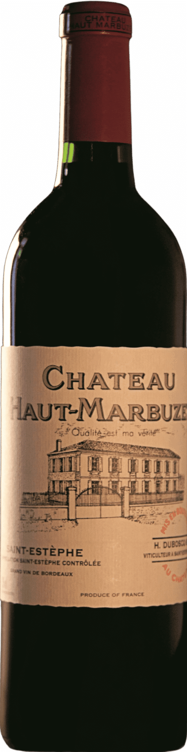 Eine Flasche des Rotweins Chateau Haut Marbuzet 2021 Saint Estephe mit einem cremefarbenen Etikett mit einer Gebäudeillustration und französischem Text.
