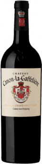 Eine Flasche des Rotweins Chateau Canon la Gaffeliere 2021 Saint Emilion Grand Cru Classe mit cremefarbenem Etikett, rot-goldenem Wappen, schwarzer Halsfolie und dem Text "Premier Grand Cru Classé".