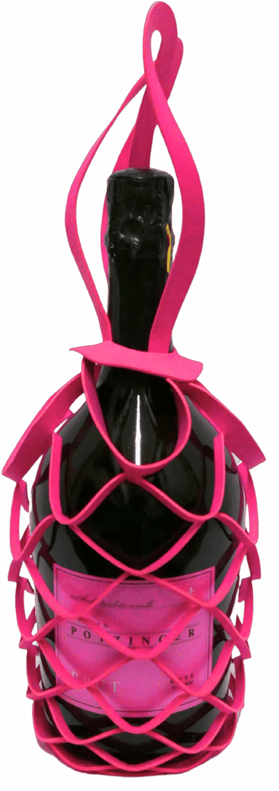 Die Vinstrip Flaschentasche PINK 0,75L von YUMA-Design ist eine Weinflaschentasche mit einem dekorativen rosa Gitterdeckel, Henkel und einem rosa Etikett auf der Vorderseite.