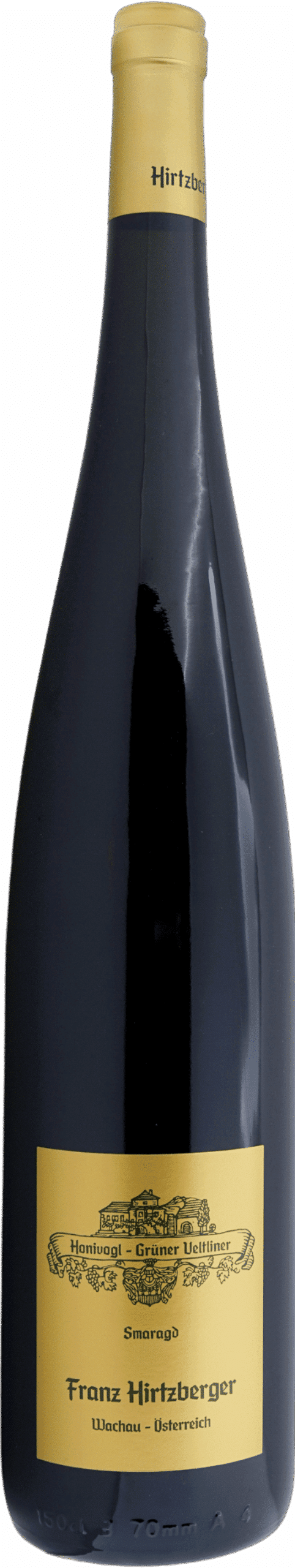 Eine dunkle Glasflasche mit gelber Kapsel und der Aufschrift "Hirtzberger | 2023 Grüner Veltliner Honivogel Smaragd (1,5L Magnum)".