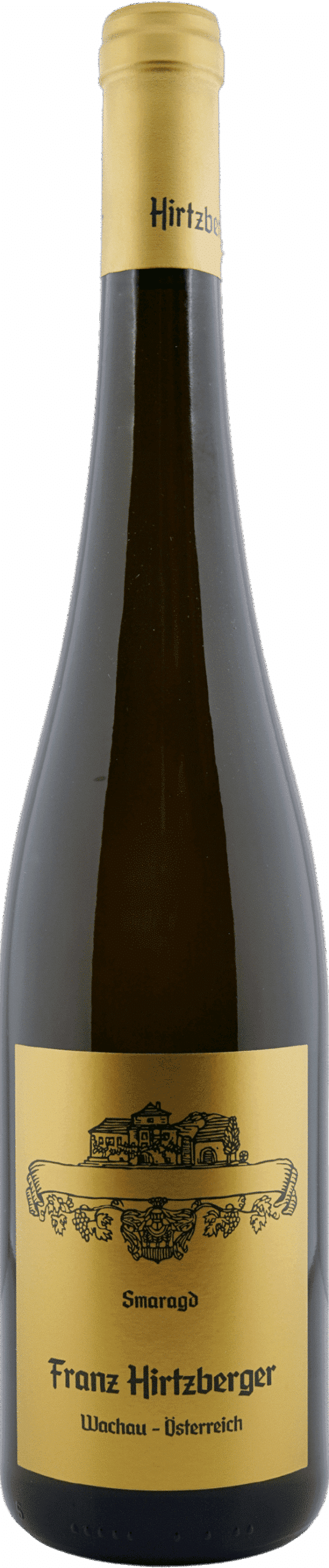 Eine Flasche Hirtzberger | 2023 Grüner Veltliner Rotes Tor Smaragd aus der Wachau, Österreich, mit einem gelben Etikett, das eine detaillierte Illustration des Weinguts und elegante schwarze Schrift zeigt.