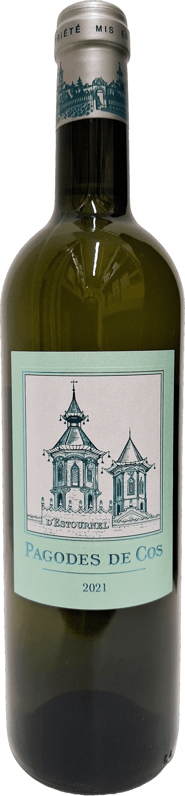 Eine Flasche Chateau Cos d'Estournel Pagodes de Cos Blanc 2021 mit hellblauem Etikett, das zwei pagodenartige Gebäude zeigt, und Silberfolie am Hals.