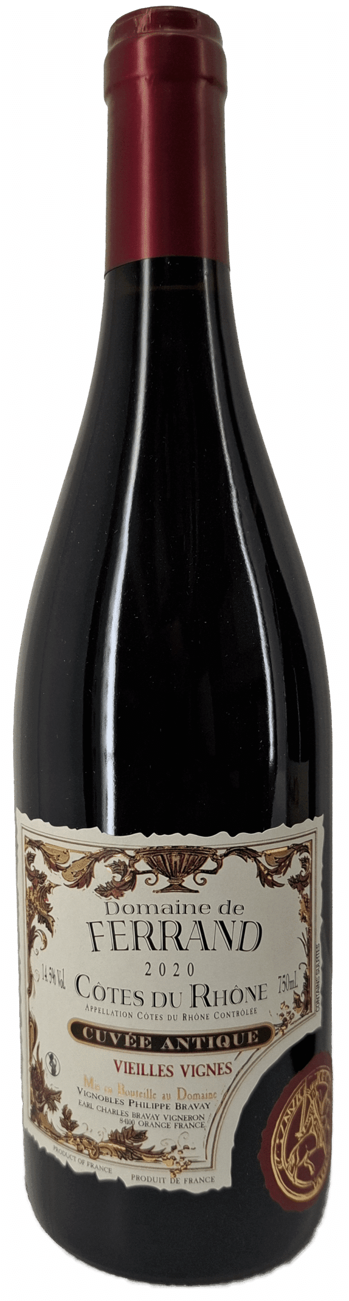 Eine 750-ml-Flasche Domaine de Ferrand 2020 Cotes du Rhone Vieilles Vignes Cuvee Antique mit rotem Folienverschluss und cremefarbenem Etikett im Vintage-Stil mit goldenen Details und schwarzem Text.