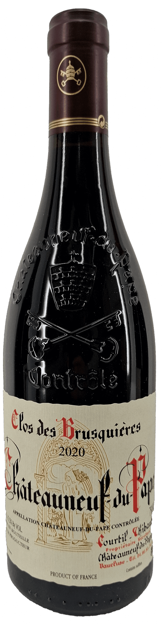 Eine Flasche Clos des Brusquieres | 2020 Chateauneuf du Pape hat ein geprägtes Logo auf dunklem Glas und ein cremefarbenes Etikett mit schwarzem und rotem Text.