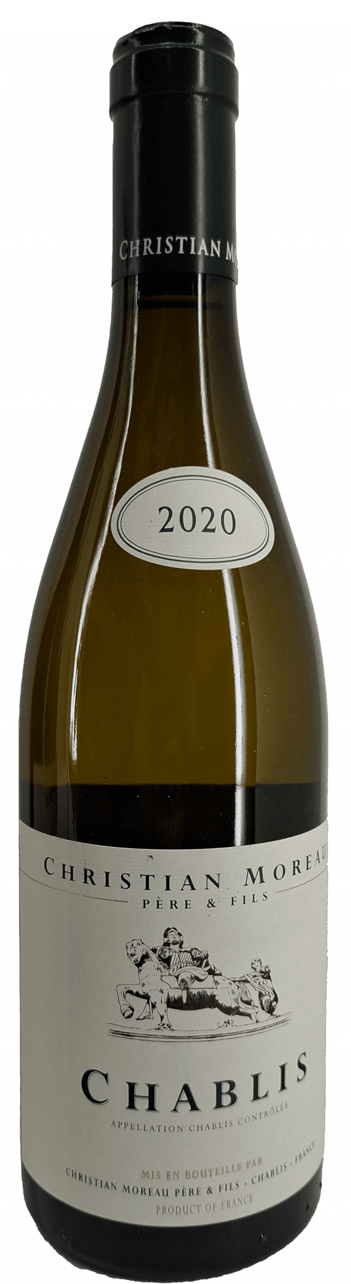 Eine Flasche Christian Moreau | Chablis 2020 mit einem weißen Etikett mit schwarzem Text und einer kleinen Illustration des Weinbergs.