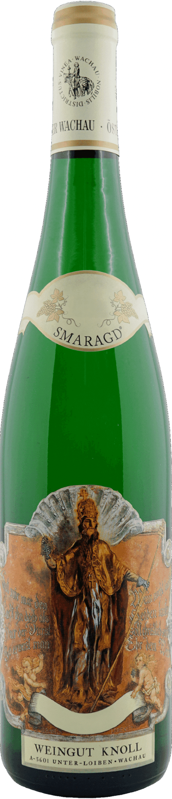 Eine grüne Flasche Knoll | Riesling Ried Schütt Smaragd 2023 besitzt ein verziertes Etikett mit einer religiösen oder historischen Illustration und "Weingut Knoll, Wachau, Österreich". Sie hat eine cremefarbene Folie und ein Halsetikett.