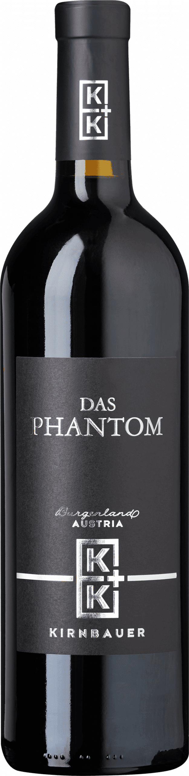 Eine Flasche Kirnbauer | 2022 Das Phantom Rotwein aus Österreich mit einem schwarzen Etikett mit weißem Text und dem Kirnbauer-Logo oben und unten.