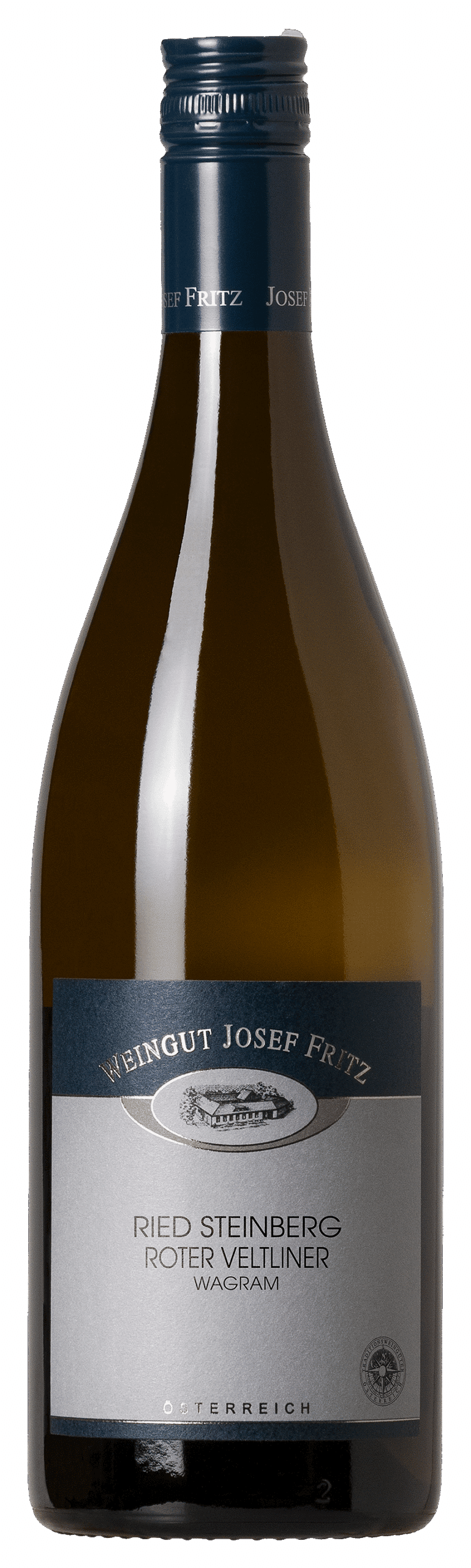 Eine Flasche Weißwein mit der Aufschrift "Josef Fritz | 2023 Roter Veltliner Ried Steinberg 1ÖTW Wagram" mit dunkelblauem und silbernem Etikett und blauem, mit Folie umwickeltem Hals.