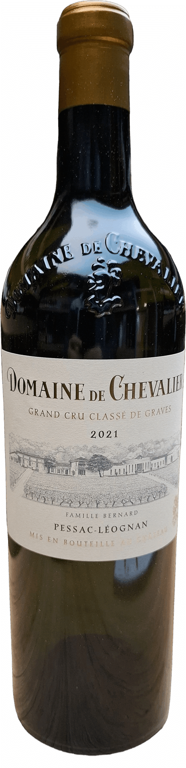 Eine Flasche des Weins Domaine de Chevalier | 2021 Pessac Leognan Blanc mit geprägtem Glas und cremefarbenem Etikett mit schwarzem Text und einer Illustration des Weinguts.