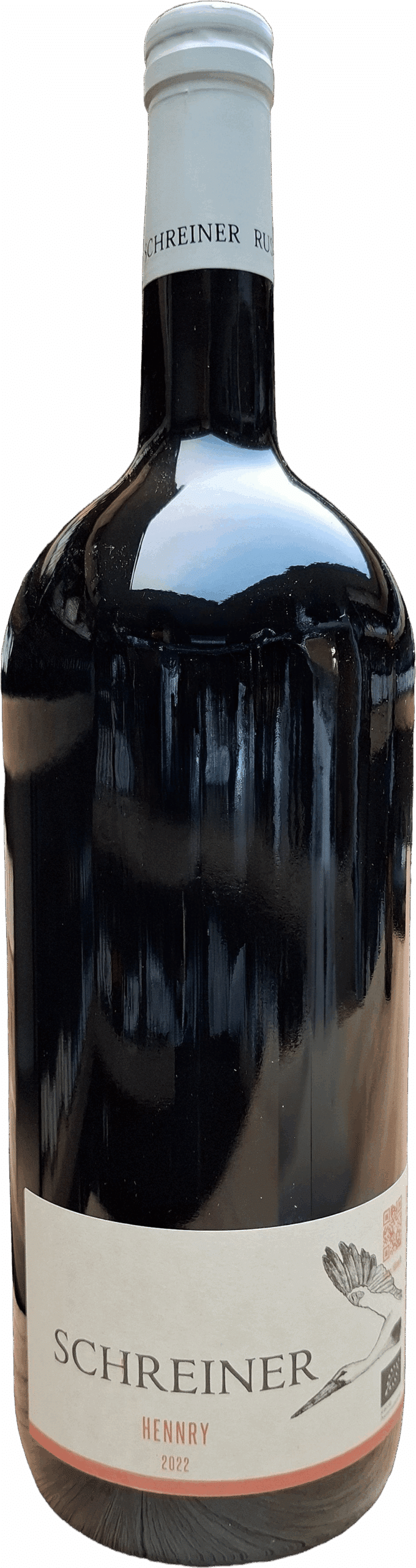Eine dunkle Glasmagnum von Schreiner | 2022 Hennry Rust Burgenland (1,5 l) mit weißem Verschluss und einem minimalistischen weißen Etikett mit einfachem Text und einer kleinen Illustration.
