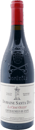 Eine Flasche Domaine Santa Duc | 2019 Chateauneuf du Pape La Crau Ouest rouge mit einem cremefarbenen Etikett mit schwarzem und rotem Text und einer Steinsäulenillustration.