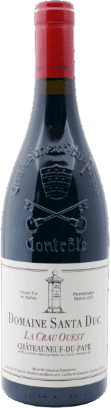Eine Flasche Domaine Santa Duc | 2019 Chateauneuf du Pape La Crau Ouest rouge mit einem cremefarbenen Etikett mit schwarzem und rotem Text und einer Steinsäulenillustration.