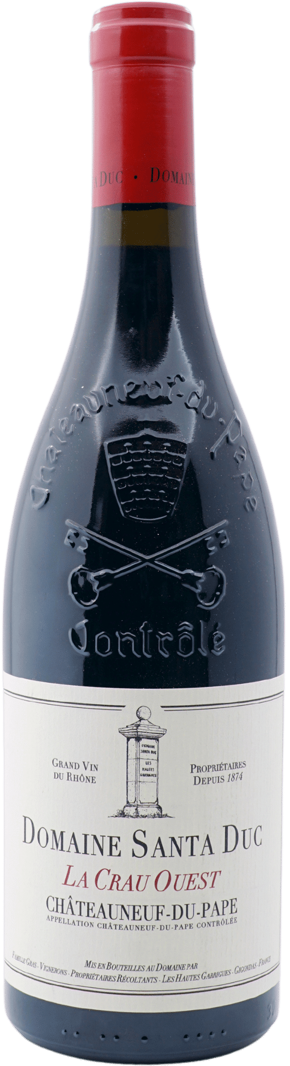 Eine Flasche Domaine Santa Duc | 2019 Chateauneuf du Pape La Crau Ouest rouge mit einem cremefarbenen Etikett mit schwarzem und rotem Text und einer Steinsäulenillustration.