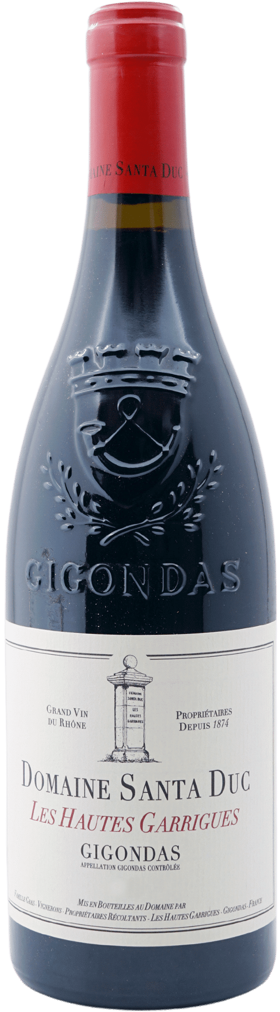 Eine Flasche Domaine Santa Duc 2019 Gigondas Les Hautes Garrigues rouge mit rotem Folienverschluss, "Gigondas" auf dem Glas und einem weißen Etikett mit einer Illustration des Weinguts und einem rot-schwarzen Text.