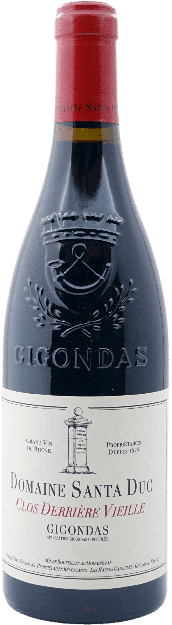 Eine Flasche des Rotweins Domaine Santa Duc 2019 Gigondas Clos Derriere Vielle rouge mit rotem Folienaufsatz und cremefarbenem Etikett mit schwarzem und rotem Text sowie Angaben zum Weinberg und zur Appellation.