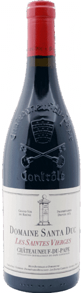 Eine Flasche Domaine Santa Duc 2019 Chateauneuf du Pape Les Saintes Vierges rouge mit weißem Etikett, roter und schwarzer Schrift und einer roten Kapsel auf dem Korken.