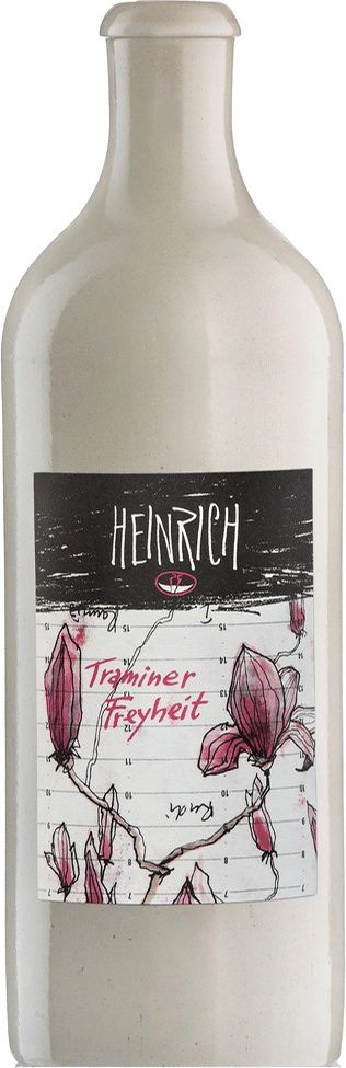 Eine cremefarbene Flasche mit der Aufschrift "Heinrich | 2021 Graue Freyheit BIO", mit rosa Magnolien-Illustrationen und dem handgeschriebenen Text "Tränen der Freiheit".