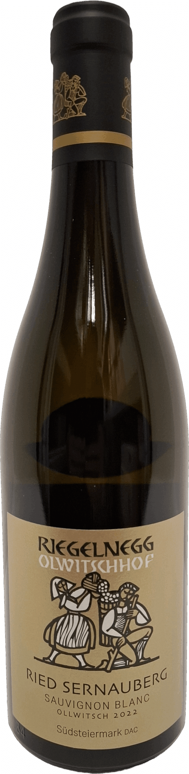 Eine Flasche Riegelnegg 2022 Sauvignon Blanc Ried Sernauberg Südsteiermark DAC mit einem beigen Etikett mit zwei illustrierten Figuren.