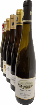 Sechs Flaschen Deutschland Große Gewächse 2020 Mosel + Pfalz sind diagonal vor einem leuchtend roten Hintergrund angeordnet, wobei die vordere Flasche die enthaltene Auswahl hervorhebt. Das Set enthält 6 Flaschen mit kostenlosem Versand.