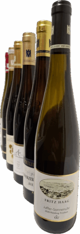Sechs Flaschen Deutschland Große Gewächse 2020 Mosel + Pfalz sind diagonal vor einem leuchtend roten Hintergrund angeordnet, wobei die vordere Flasche die enthaltene Auswahl hervorhebt. Das Set enthält 6 Flaschen mit kostenlosem Versand.